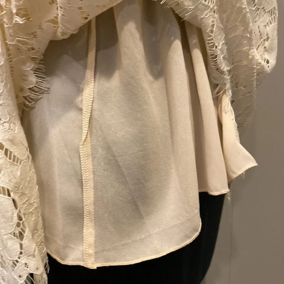 CHASER Medium Metallic Ivory Lace Open Back Bell Sleeve Lined Blouse Top - Picture 5 of 10